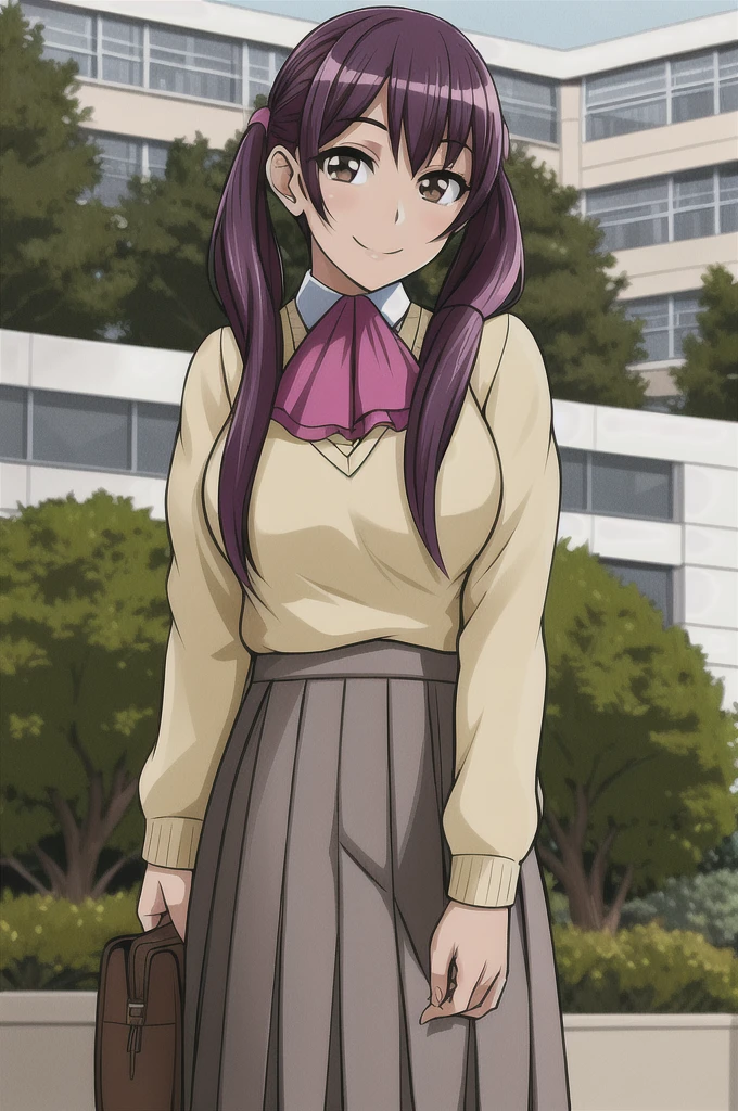 masterpiece, best quality, detailed face, detailed eyes,  HUDaniela, purple hair, brown eyes, medium breasts, skirt, sweater, twintails, smile, ascot, standing, school, outdoors,