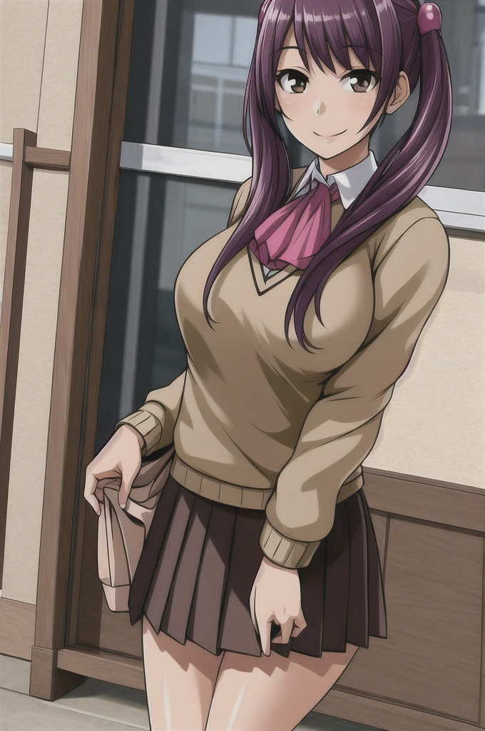 masterpiece, best quality, detailed face, detailed eyes,  HUDaniela, purple hair, brown eyes, medium breasts, skirt, sweater, twintails, smile, ascot, standing, school, outdoors,