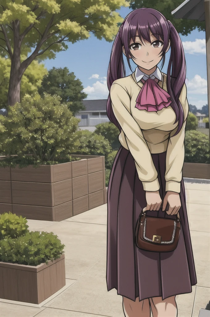 masterpiece, best quality, detailed face, detailed eyes,  HUDaniela, purple hair, brown eyes, medium breasts, skirt, sweater, twintails, smile, ascot, standing, school, outdoors,