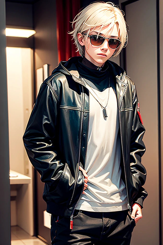 young age man with pale skin, completely WHITE eyes, green hair with some strands PAINTED ORANGE AND RED, wearing casual and comfortable clothes, wearing a black leather jacket with his hands inside the pockets