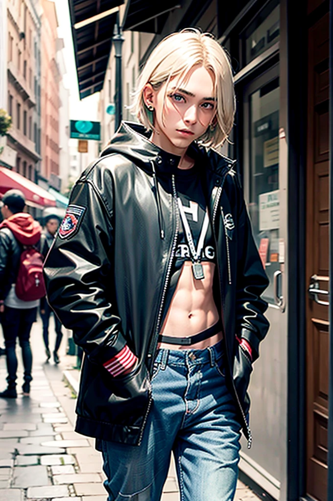 young age man with pale skin, completely WHITE eyes, green hair with some strands PAINTED ORANGE AND RED, wearing casual and comfortable clothes, wearing a black leather jacket with his hands inside the pockets