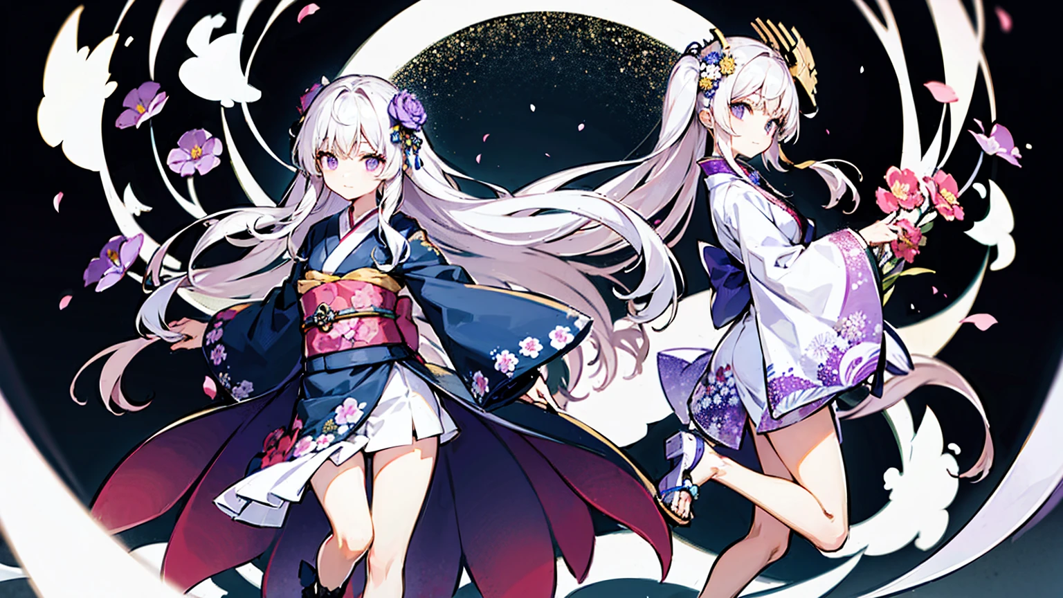 The character in the image features a highly ornate and detailed design. They are wearing a kimono with multiple layers around the collar, displaying shades of white, pink, and purple, with intricate flower patterns and dark to light gradient. The sleeves are wide and flow downward, and there appears to be a dark undergarment peeping beneath the kimono folds.
Around the waist is a multi-tiered, bow-like accessory that transitions from purple to black, and appears to have some form of white lace or cloth cascading down the sides. To the side is a distinctive dark purple with blue trim, fanned ornament with a gold centerpiece, resembling an ancient Japanese fan or a related ceremonial item.
The character's long black hair flows down to the feet and seems semi-transparent towards the ends. It’s adorned with large purple flowers, possibly irises, which match the color scheme of the kimono. These flowers are complimented by smaller white flowers with yellow centers that are woven into the hair.
The character's footwear consists of what could be traditional Japanese geta, sandals with a white base and a red strap. Visibly, the character is standing on what looks like a water surface, adding to the mystical or serene aura of the design.