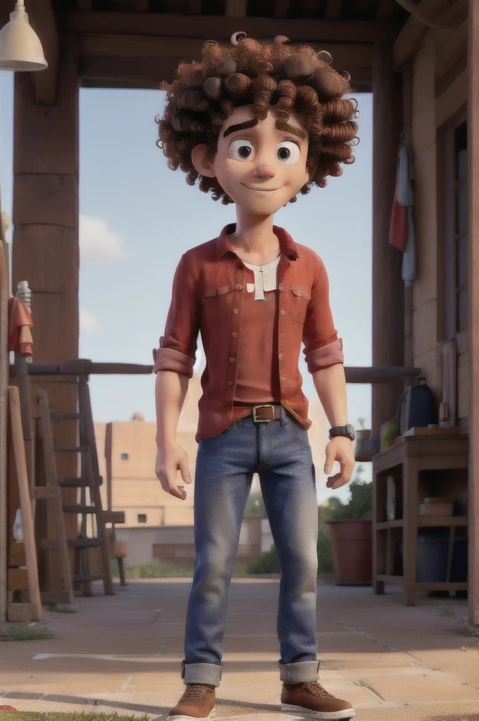 Man with red shirt, jeans and curly hair Confused