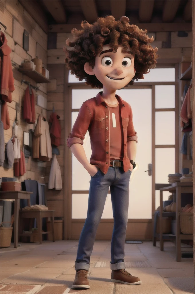 Man with red shirt, jeans and curly hair Confused