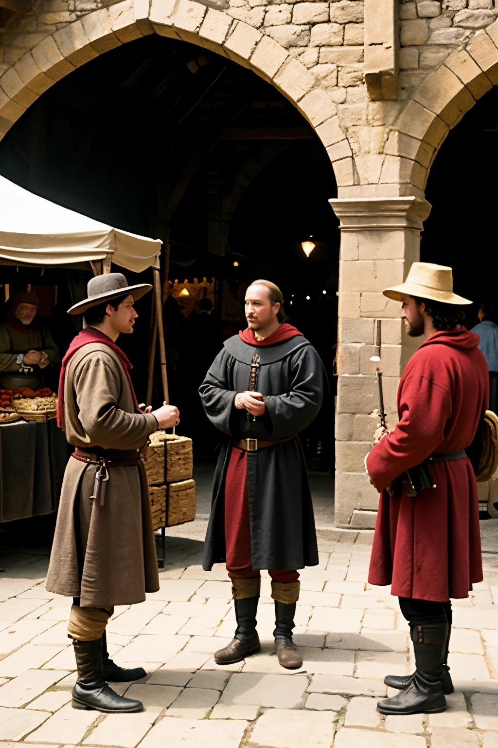 Medieval market the main character is selling goods while two guards look on from a distance, not mike mignola style