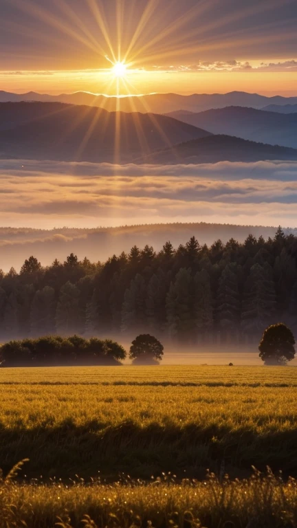 An image of a field at dawn, with the sun rising over the horizon and rays of golden light illuminating the landscape