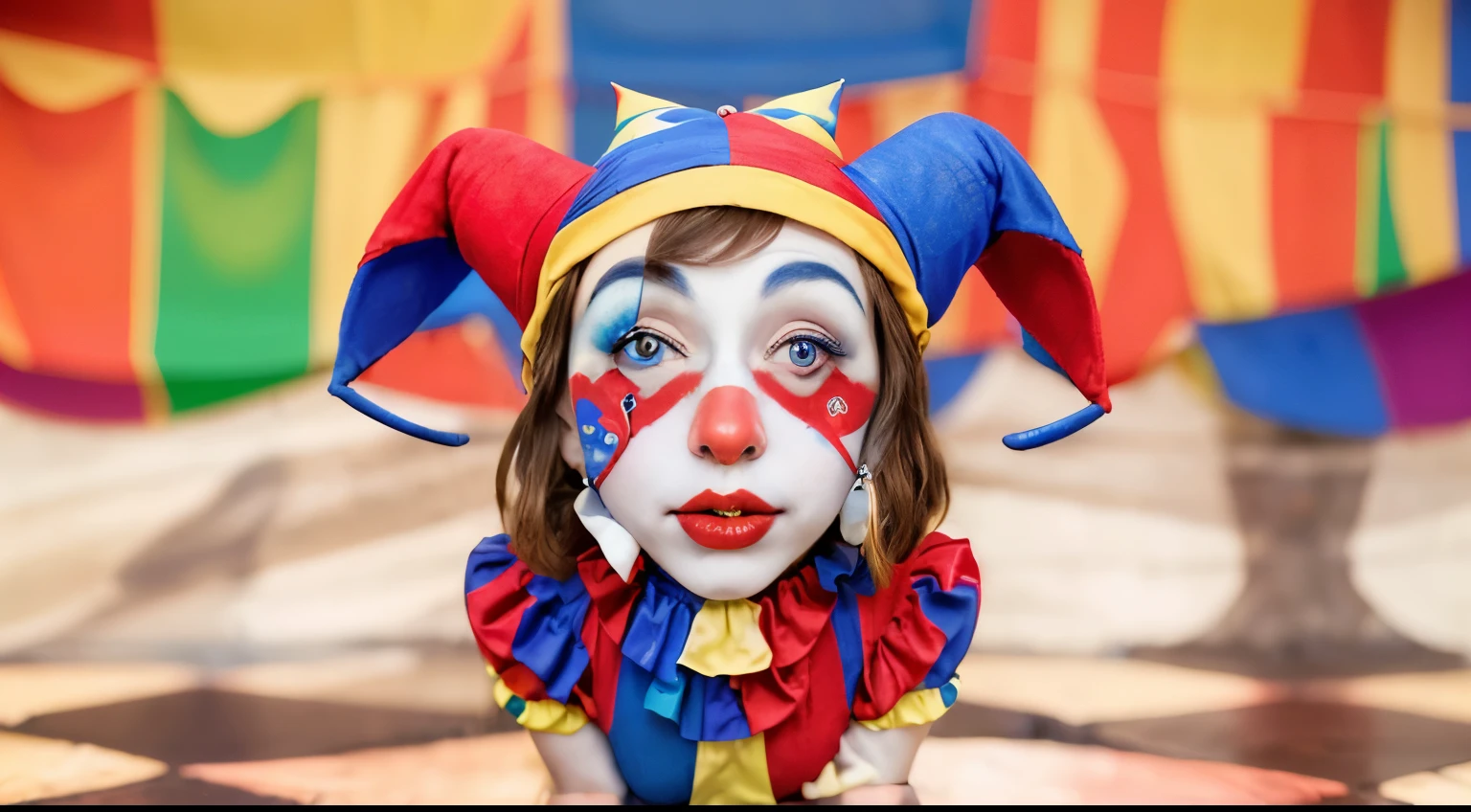 girl, jester, brown hair, blue red yellow clown clothes and jester hat, white skin, blue and red pupils