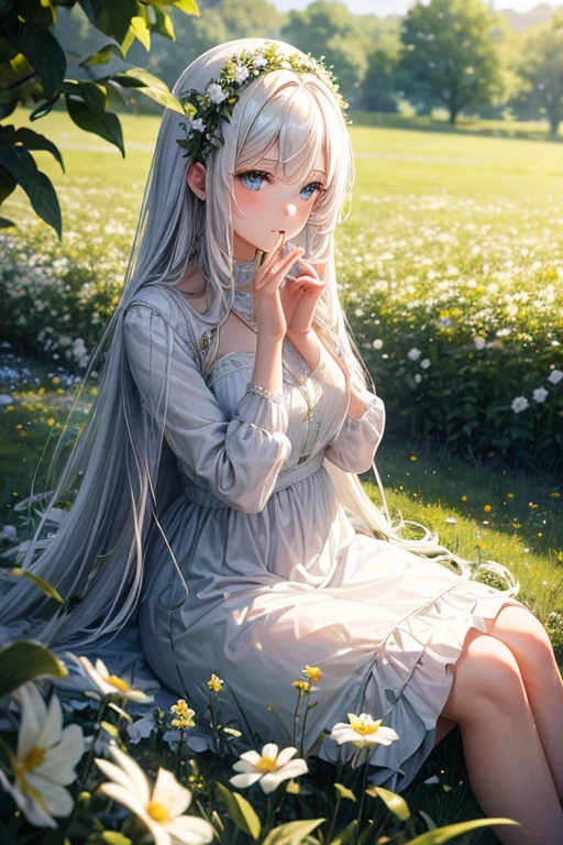 (Masterpiece, Best Quality),1 girl with long white hair sitting in a field of green plants and flowers, his hand under his chin, warm lighting, White dress, Blurry closeup