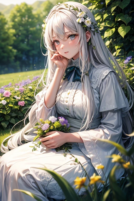 (Masterpiece, Best Quality),1 girl with long white hair sitting in a field of green plants and flowers, his hand under his chin, warm lighting, White dress, Blurry closeup