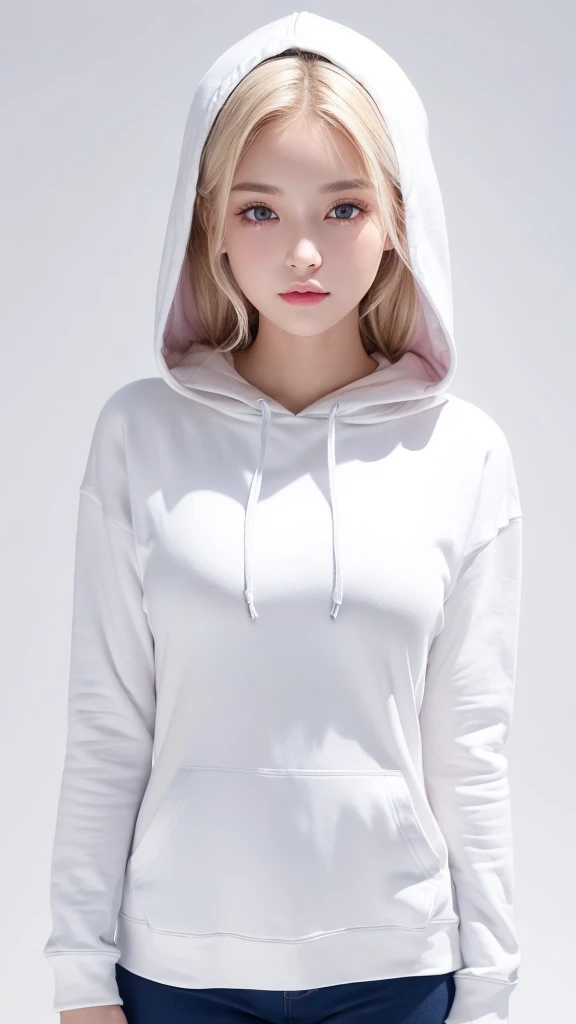 (((hoodie、Tight pants、White background、Big Breasts)))、forehead、Big Breasts、Northern Europe、Russia、beautiful girl、Platinum Blonde Hair、Straight long hair、Hitting the face and front of the eyes、Big blue eyes、Sheer white and wet nightgown、Northern Europeの若者、Perfect body、White tendons、Glowing Skin、Young and beautiful skin、A perfect and beautiful little face、Bright makeup、Pale pink lips、Bright expression、-yeld gilipstick、Deceptive advertising、Viewer&#39;s vision、Golden Hour Lighting、Bokeh Atmosphere Perspective、detailed、Movie Light、複雑なdetailed、High resolution、 フェイスデザインのdetailedな特徴、Attention to detail、Clear focus、Smoothness、aesthetics、Printed、Octane、{{masterpiece}}