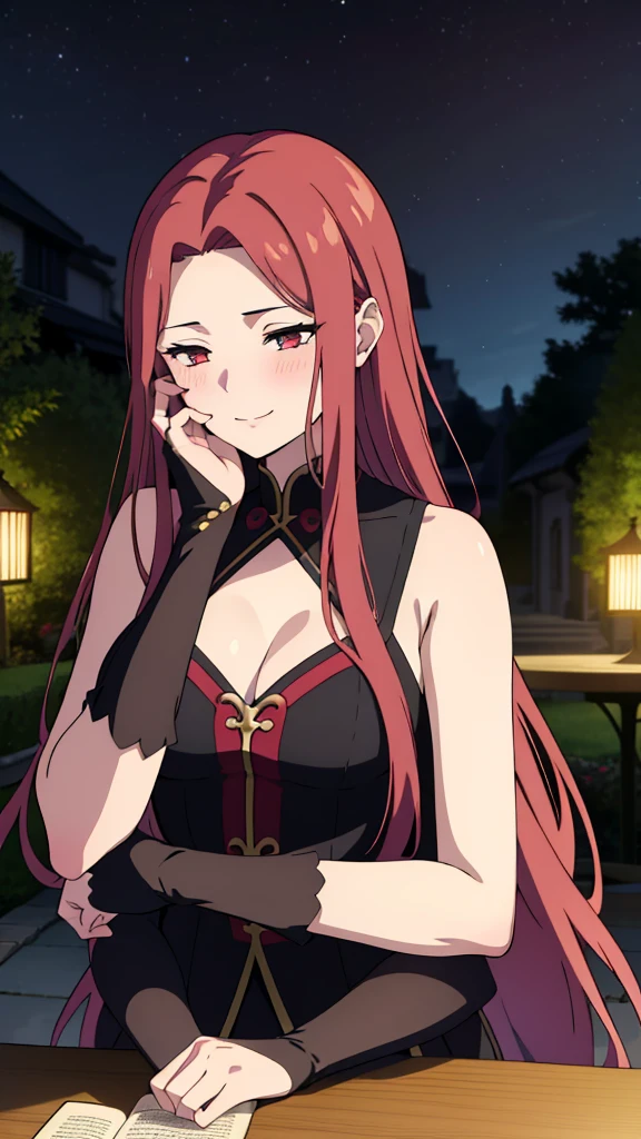 (1girl,20 years old),red hair,long hair,medusa hair,black elegant outfit, sleeveless,bare shoulders,smile,sensual,beautiful,cute,blush,extra arms,four arms,cleavage,pov across table,table,hand_on_own_face, head_rest, hand_on_own_cheek,at a party in a garden,night,looking at view,loving,dreamy, colorful, whimsical, magical, masterpiece, best quality, sharp focus, intricately detailed environment, fine detail, 8k resolution, glowing lights,starry Night,