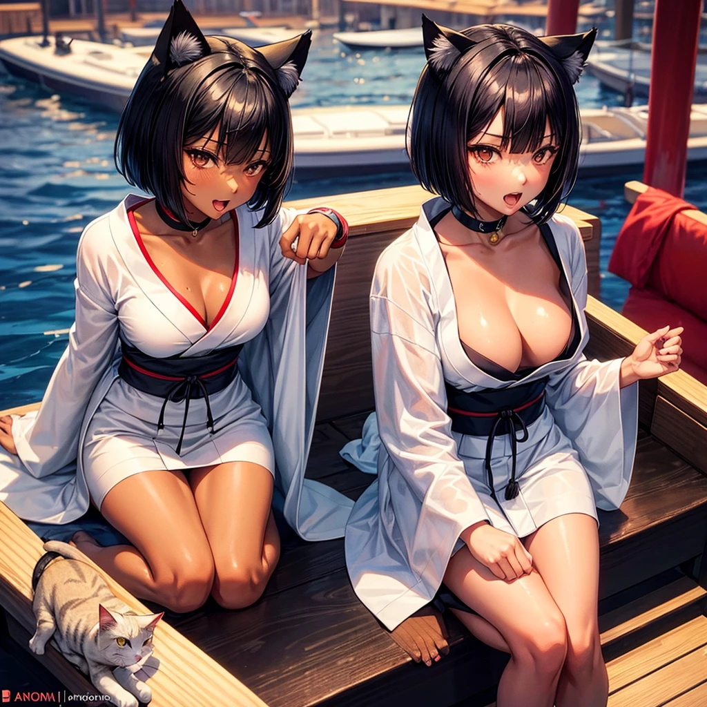 One mature neko, tanned skin, black bob hair, cat ear, black eyes, open mouth, licking, night, white sexy japanese kimono. (sitting on boat) (better quality)