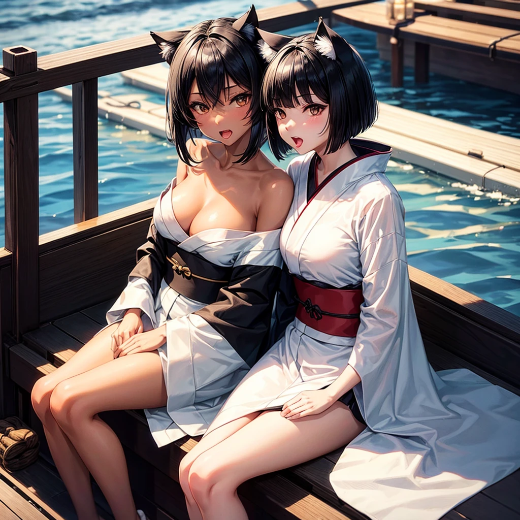 One mature neko, tanned skin, black bob hair, cat ear, black eyes, open mouth, licking, night, white sexy japanese kimono. (sitting on boat) (better quality)