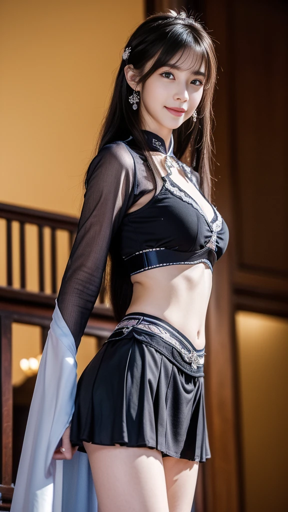 8K, masterpiece, RAW photos, best quality, Reality, extremely detailed CG unity 8K wallpaper, Depth of Field, light, lens flare, Ray Tracing, (Extremely beautiful face, Beautiful lips, beautiful eyes), Complex facial details, ((Ultra-delicate skin)) , Beautiful Asian girl, ((Looking at the audience)),(big Smile), (Blurred background), midnight, (pretty girl), earrings, bracelet, necklace, Clear eyes, (Pale skin), Facing forward, (big eyes), (Looking at the audience), Large Breasts ,((Smile)), blue eyes, Shiny Dress, Open your heart, balcony, Very slim, (Medium buttocks), Open your heart Ancient Chinese architecture,Chinese style beauty,Wear revealing Hanfu,Simple clothes, Simple style,Chinese and American mixed race,Background blur,focus,light, Seven Figures,(((tmasterpiece))), ((Best quality)), ((Complex and meticulous)), ((Surrealism)), Ridiculous resolution, , Mature woman, transparent, Very detailed, Implications, 1 Girl, (Medium breasts), Thin waist and thick hips,Long Law,Beautiful and delicate eyes, Short and delicate hair, Dark brown hair, Purple Eyes, black,lacy clothing,Hip-covering skirt,Tights,Vaguely visible,Cool clothes,Perfect body proportions,(No underwear),Detailed background, Perfect eyes,,Looking at the audience,From the front,Wear lightly,Juicy legs,Deep V,