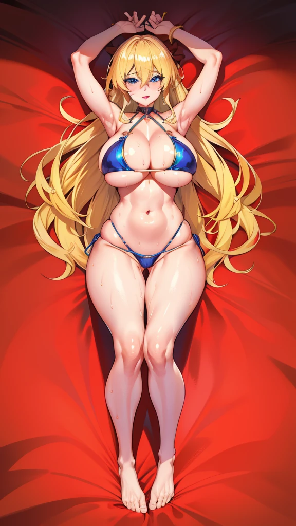 blue eyes,very long hair, huge cleavage,,blonde hair,sweat,girl,,wide hips,view viewer,,,narrow waist,, eyelashes, eyeshadow, lips,, 8k, hdr, raytracing,full body,young face,lying,dakimakura,beach,o ring bikini,o ring top