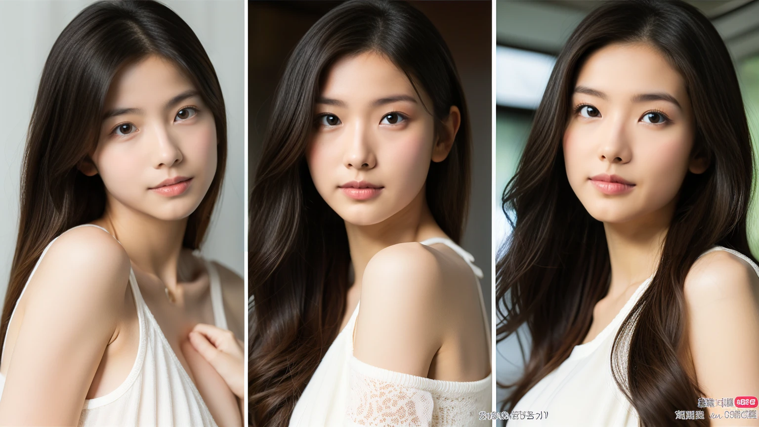 Ultra-realistic、High resolution、High resolution8Kフォトリアリスティック画像。A scene showing two Japanese sisters with completely different looks together。姉は巨乳in長い黒髪in、Kind eyes、Elegant atmosphere。妹は巨乳in短いブロンドの髪をしています(明るい茶髪inも可)in、Lively expressions、Wearing casual clothes。背景は日当たりの良いリビングルームin、暖かい自然光が差し込んinいる。Photo book-like page layout。Representing human skin in detail。