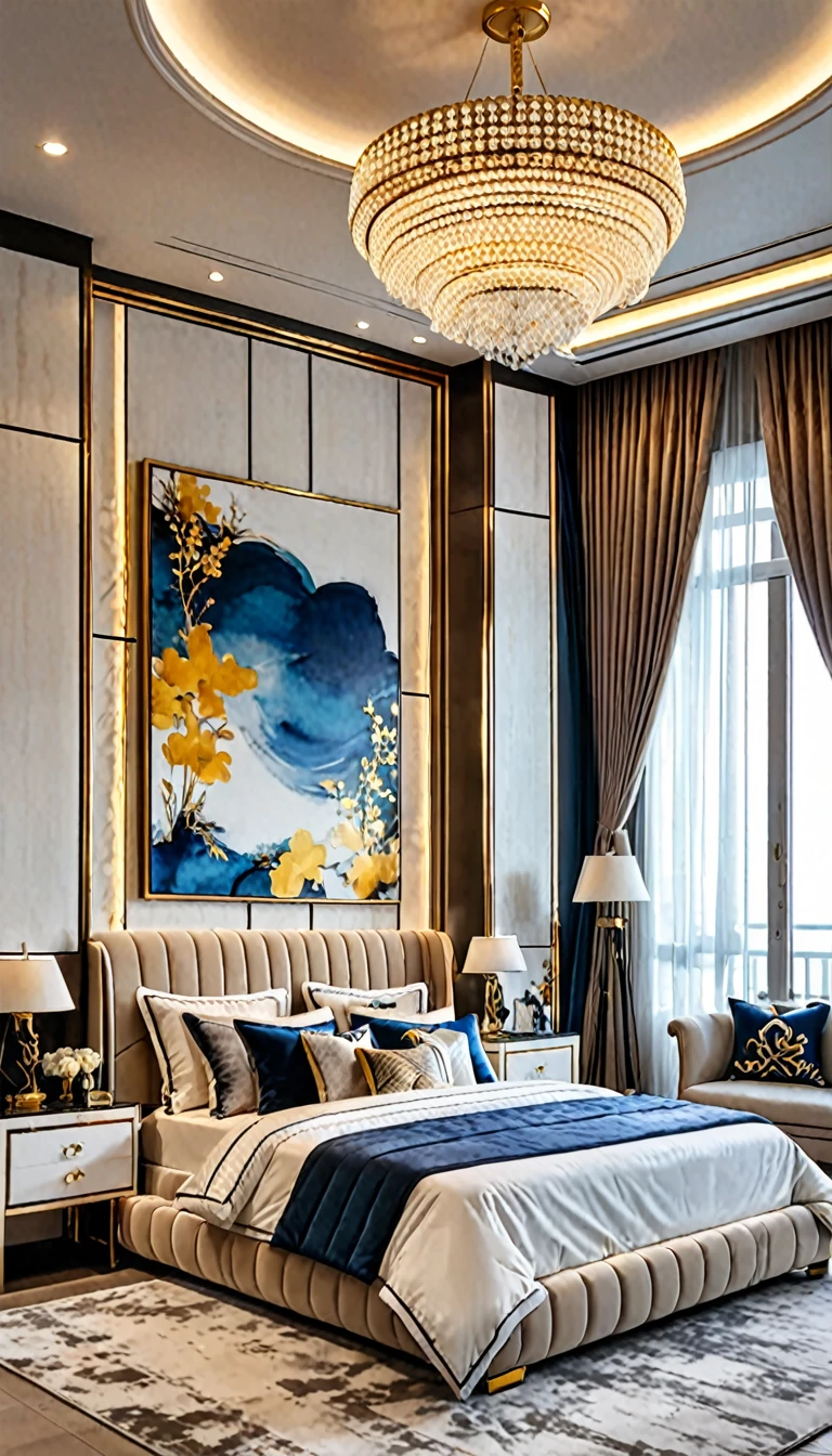 The bedroom full of luxurious decorations. In the center of the bedroom is a large king-size bed, and on top of the bed are sunglasses and accessories.