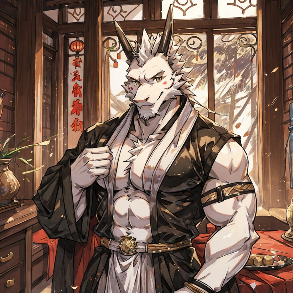 (white eastern dragon),furry,white mustache,big pecs,hearty males,muscular,black imperial robe,adult,traditional_chinese_room,head portrait