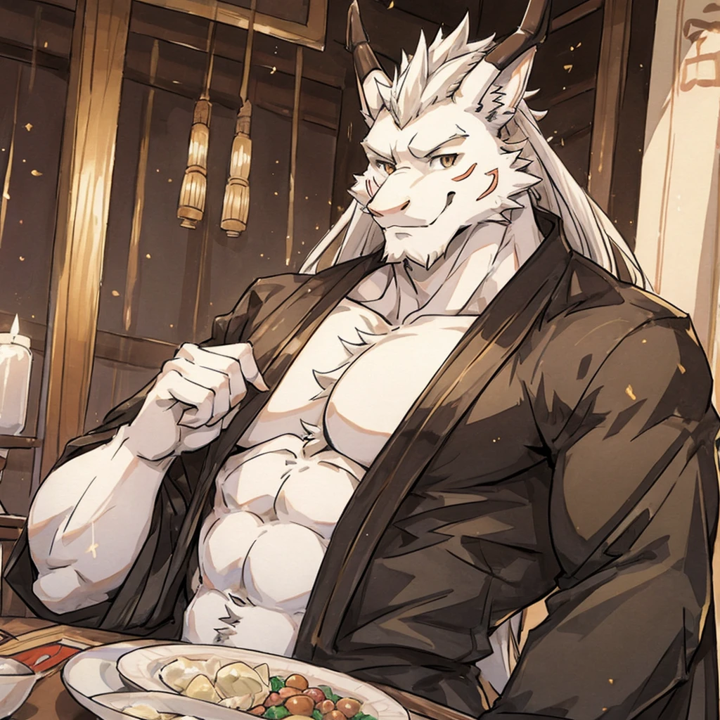 (white eastern dragon),furry,white mustache,big pecs,hearty males,muscular,black imperial robe,adult,traditional_chinese_room,head portrait