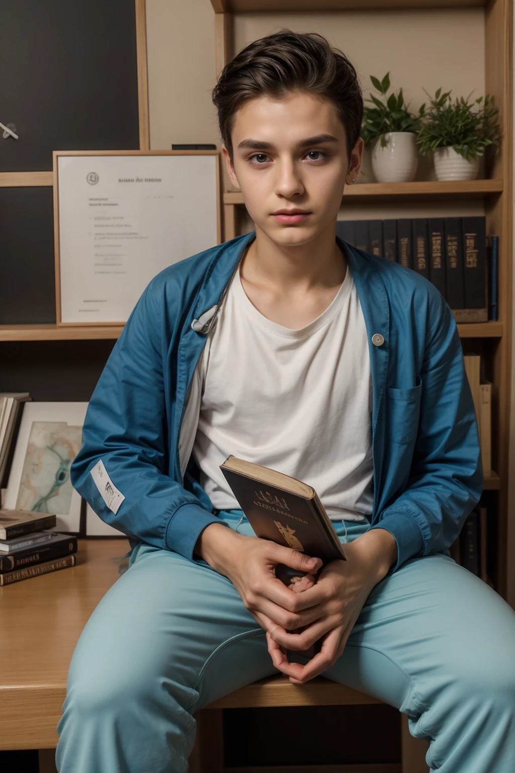 A beautiful young male twink, cute, with black hair and a face with makeup, wearing a bright white long-sleeved shirt and aqua blue pants, and he is in his office, and behind him is a blackboard on which is written the shape of the brain and its anatomy, and nuclear energy comes out of it, and he has a face with makeup and and.  His eyes have dark circles under them and he is sitting studying with a huge medical book on surgery. He appears innocent and has a beautiful face with makeup