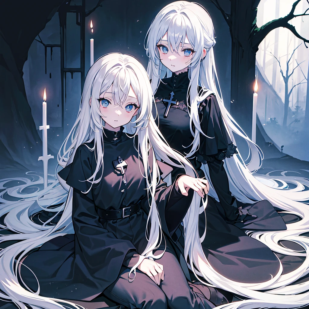 A girl: 1 garota, work of art, anime design, pele pálida e cabelos long white. [ Anime hentai classic; sexly; detailded]. The simple background, but very gothic(sinister forest)with a ghostly bluish background. hairs: long white, wavy with two locks on the face and tied with a ponytail. eyeballs: cor dd mel, cky and shiny, being highlighted in the image and with a cross in place of the pupil, being a bright white cross like a star. stance: the character is looking at the viewer, sitting on a bed with a cute expression and rosy cheeks with a small and cute mouth.