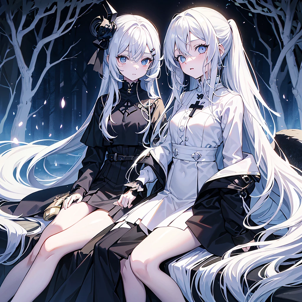 A girl: 1 garota, work of art, anime design, pele pálida e cabelos long white. [ Anime hentai classic; sexly; detailded]. The simple background, but very gothic(sinister forest)with a ghostly bluish background. hairs: long white, wavy with two locks on the face and tied with a ponytail. eyeballs: cor dd mel, cky and shiny, being highlighted in the image and with a cross in place of the pupil, being a bright white cross like a star. stance: the character is looking at the viewer, sitting on a bed with a cute expression and rosy cheeks with a small and cute mouth.