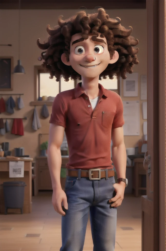 Man with red shirt, jeans and curly hair Asking question