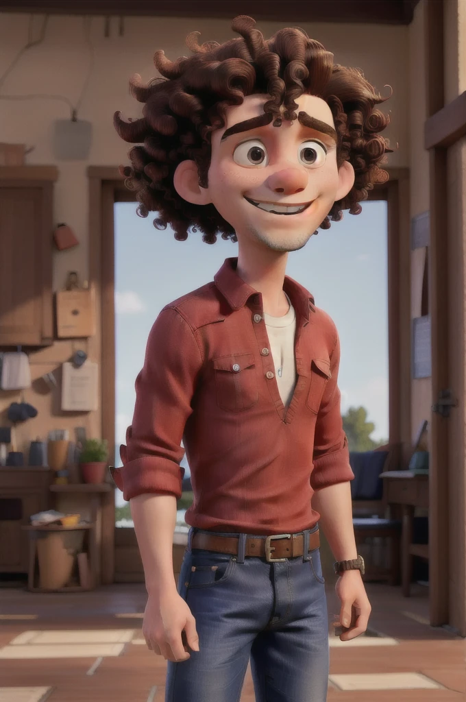 Man with red shirt, jeans and curly hair Asking question