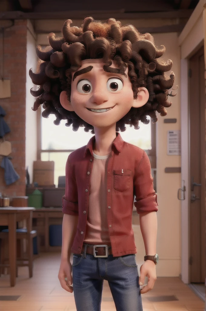 Man with red shirt, jeans and curly hair Asking question