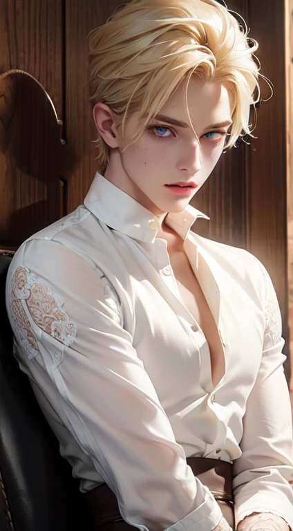 a man with light blonde hair, light yellow eyes and wears a white edged shirt with lace, has an angelic expression, looks androgynous, Fine Strokes, bonitas, 28 years old, leather pants, angelical