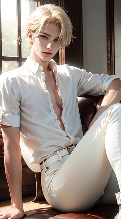 a man with light blonde hair, light yellow eyes and wears a white edged shirt with lace, has an angelic expression, looks androgynous, Fine Strokes, bonitas, 28 years old, leather pants, angelical