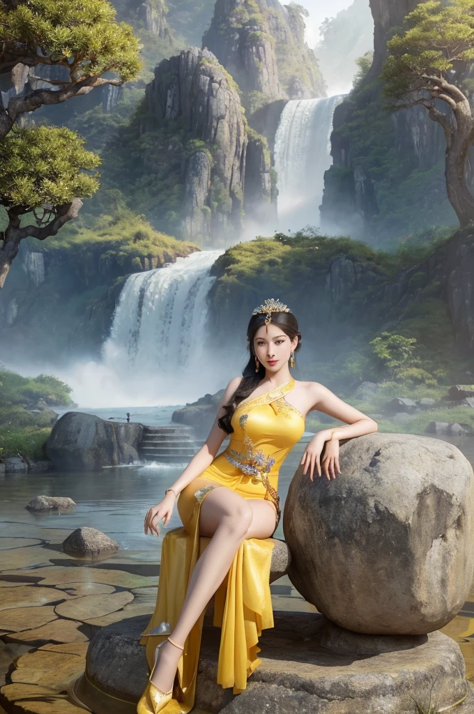 A woman in a yellow dress sits on a rock with wheels., Image inspired by Lam Qua, which is becoming popular in the CGI society, fantasy art, Goddess of love and peace, Thai art, indian goddess of wealth, beautiful goddess, holy goddess, Goddess Art, ancient chinese goddess, Niwan Chandra, Beautiful Fantasy Empress, Stunning portrait of a goddess Woman wearing Thai dress