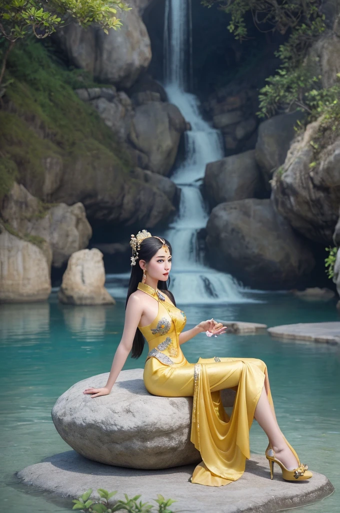 A woman in a yellow dress sits on a rock with wheels., Image inspired by Lam Qua, which is becoming popular in the CGI society, fantasy art, Goddess of love and peace, Thai art, indian goddess of wealth, beautiful goddess, holy goddess, Goddess Art, ancient chinese goddess, Niwan Chandra, Beautiful Fantasy Empress, Stunning portrait of a goddess Woman wearing Thai dress