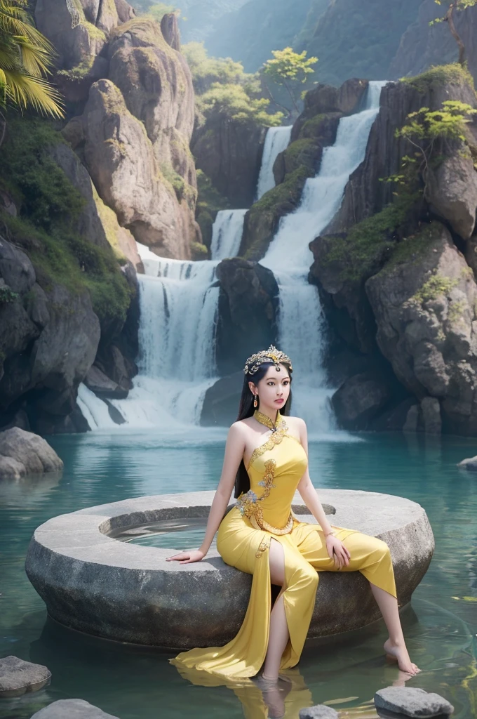 A woman in a yellow dress sits on a rock with wheels., Image inspired by Lam Qua, which is becoming popular in the CGI society, fantasy art, Goddess of love and peace, Thai art, indian goddess of wealth, beautiful goddess, holy goddess, Goddess Art, ancient chinese goddess, Niwan Chandra, Beautiful Fantasy Empress, Stunning portrait of a goddess Woman wearing Thai dress