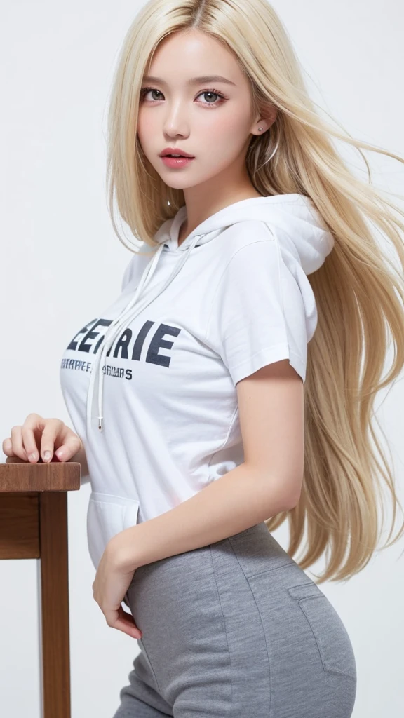 (((forehead、White Blonde Hair、Northern Europe、White people、beautiful girl、Blonde、White background、T-Shirts、hoodie、Tight pants、long hair)))、table top, highest quality, figure, super detailed, finely, High resolution, 8k wallpaper, Perfect dynamic composition, detailed and beautiful eyes, Deco out,bionde, medium hair, super big breasts, Natural color lip,white background, random cute poses,frill dress