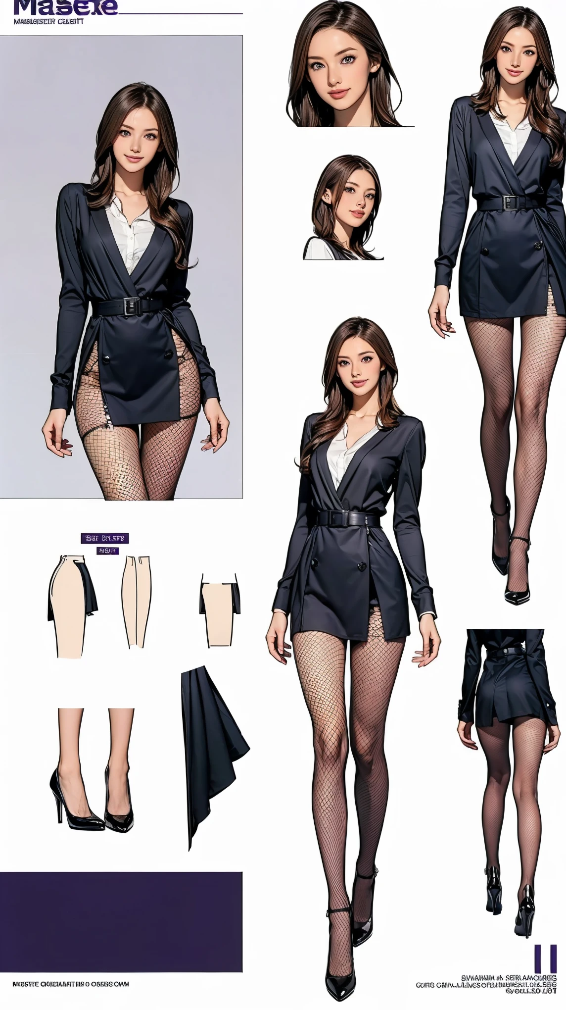 ((masterpiece)),(((Highest quality))),((Character design sheet)),Thin thighs,Long legs,wearing black fishnet tights:1.5,The best smile:1.5,Full Body Shot:1.5,masterpiece, Highest quality, One Girl, Elaina_(May_no_gossip), Silver Hair, Purple eyes, Long Hair,