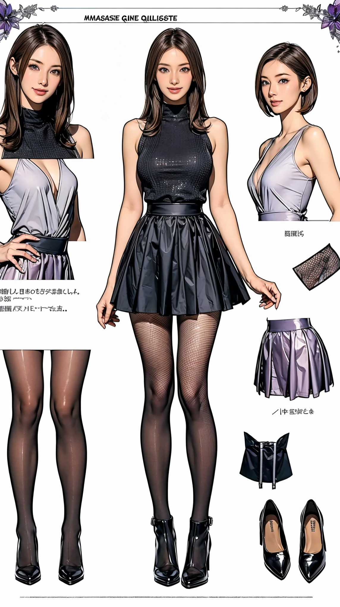 ((masterpiece)),(((Highest quality))),((Character design sheet)),Thin thighs,Long legs,wearing black fishnet tights:1.5,The best smile:1.5,Full Body Shot:1.5,masterpiece, Highest quality, One Girl, Elaina_(May_no_gossip), Silver Hair, Purple eyes, Long Hair,