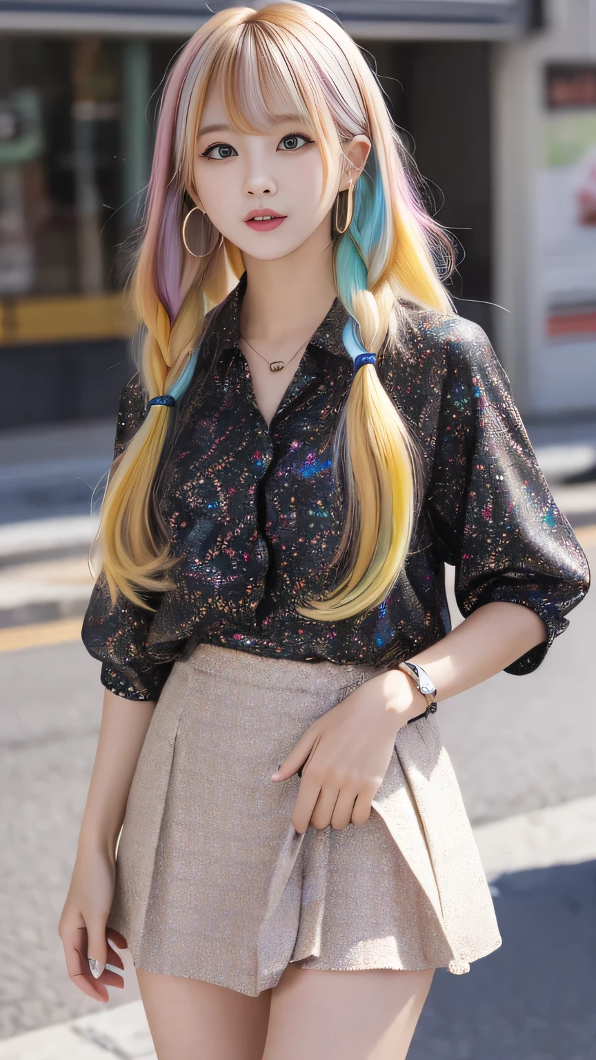 Multicolored hair color、Bangs on the face、Bangs between the eyes、A strong wind blows my hair in front of my face、Beautiful big sparkling eyes, Cute eyes hidden by long bangs、Yawn、No visible nasolabial folds、Short micro mini skirt、Multicolored patterned blouse、Age 25、Blonde twin tail hair
