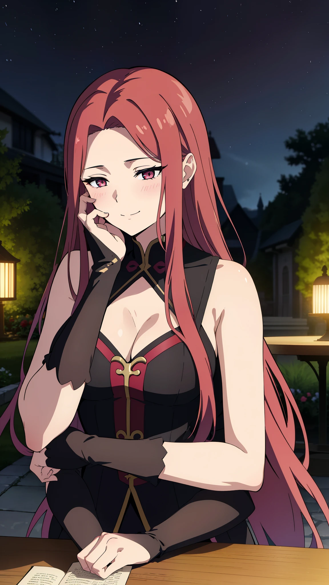 (1girl,20 years old),red hair,long hair,medusa hair,black elegant outfit, sleeveless,bare shoulders,smile,sensual,beautiful,cute,blush,extra arms,four arms,cleavage,pov across table,table,hand_on_own_face, head_rest, hand_on_own_cheek,at a party in a garden,night,looking at view,loving,dreamy, colorful, whimsical, magical, masterpiece, best quality, sharp focus, intricately detailed environment, fine detail, 8k resolution, glowing lights,starry Night,