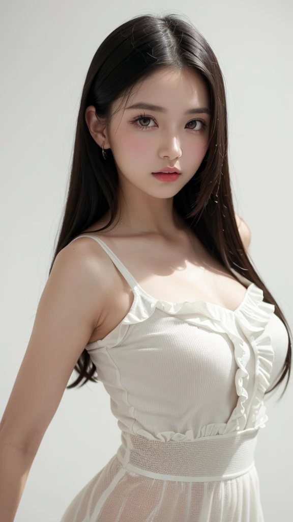 (((forehead、Northern Europe、White people、beautiful girl、Black Hair、White background、Camisole dress、high waist、Frills、race、long hair)))、table top, highest quality, figure, super detailed, finely, High resolution, 8k wallpaper, Perfect dynamic composition, detailed and beautiful eyes, Deco out,bionde, super big breasts, Natural color lip,white background, random cute poses,