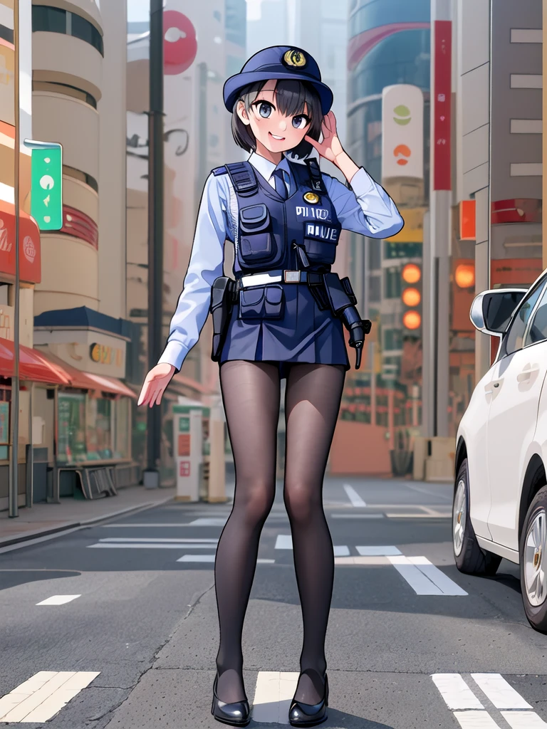 highest quality, masterpiece, 8k, ultra high resolution, (photorealistic:1.4), one girl, young, beautiful expression, symmetrical eyes, perfect body proportions, look at the viewer, long legs (1.3), full body, street, Japanese-police, police uniform, policewoman, one woman, skirt, miniskirt, smile, laugh, tights