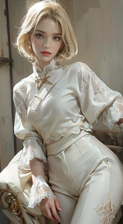 a man with light blonde hair, light yellow eyes and wears a white edged shirt with lace, has an angelic expression, looks androgynous, Fine Strokes, bonitas, 28 years old, leather pants, angelical