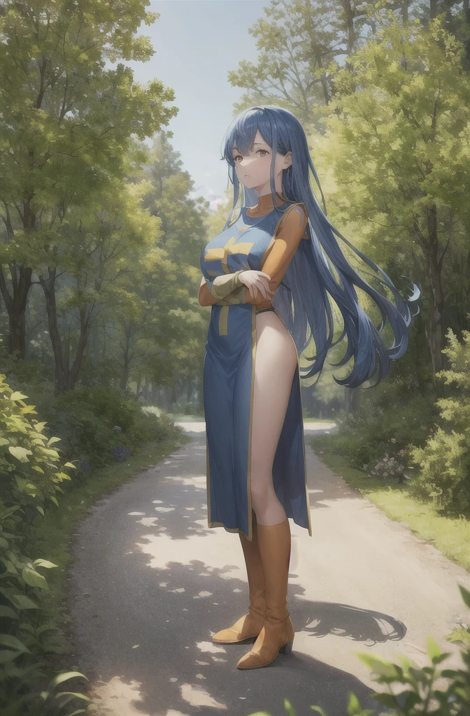 masterpiece, highest quality, 8K,Super detailed, figure, high brightness, (masterpiece, Highest quality:1.1), priest \(dq3\), One girl, alone, Long Hair, Blue Hair, Red eyes, Mitra, Tabard, Cross Print, Orange bodysuit, Elbow hand pockets, Large Breasts, nature, blue sky , full body, front view,