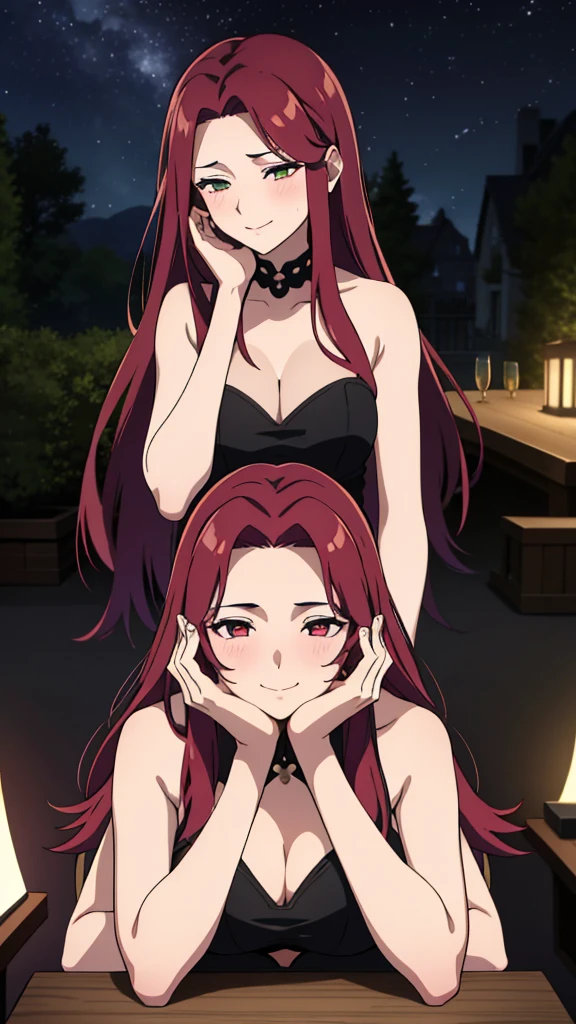 (1girl,20 years old),red hair,long hair,medusa hair,black elegant outfit, sleeveless,bare shoulders,smile,sexy,sensual,beautiful,cute,blush,extra arms,four arms,cleavage,pov across table,table,hand_on_own_face, head_rest, hand_on_own_cheek,at a party in a garden,night,looking at view,loving,dreamy, colorful, whimsical, magical, masterpiece, best quality, sharp focus, intricately detailed environment, fine detail, 8k resolution, glowing lights,starry Night,