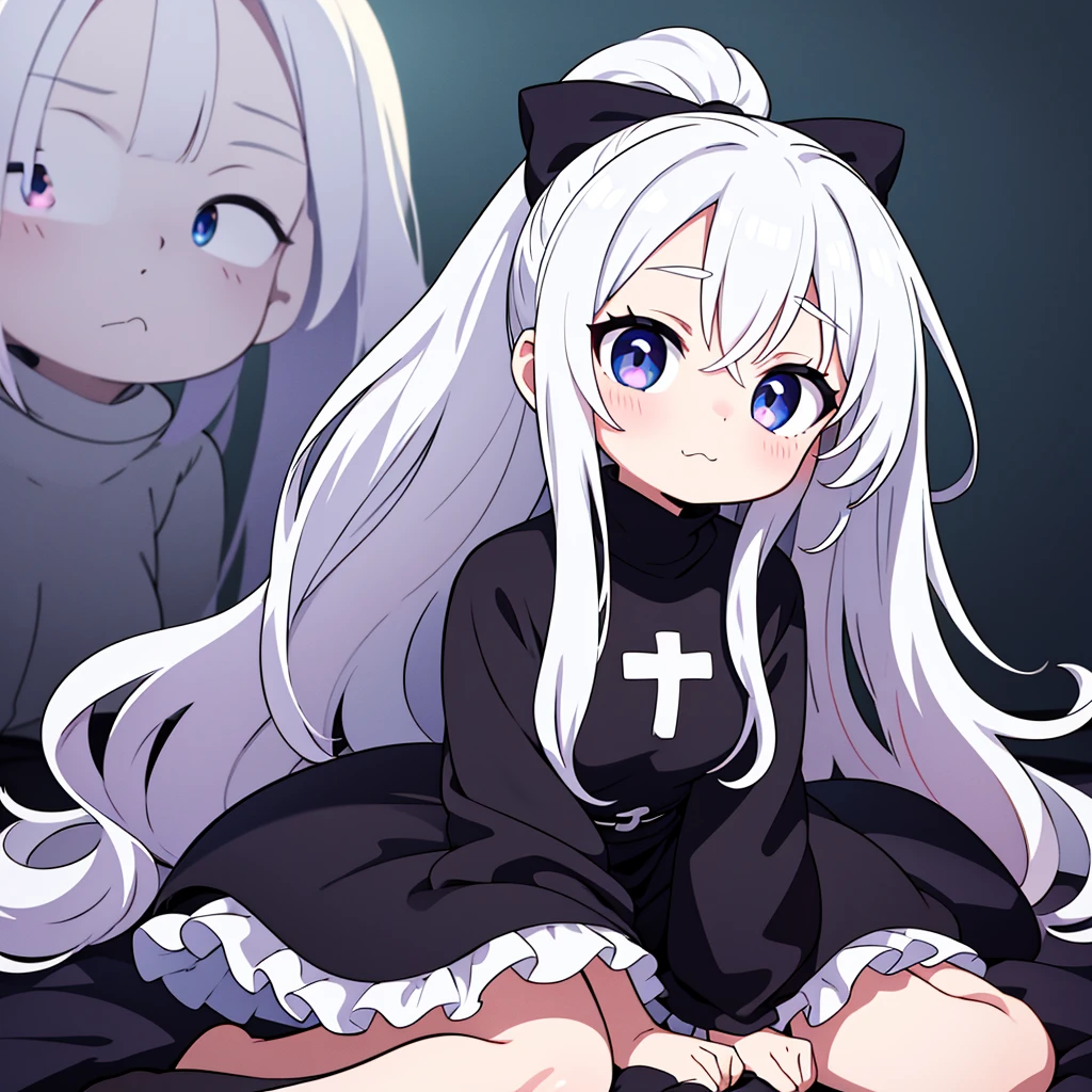 A girl: work of art, anime design, pele pálida e cabelos long white. [ Anime hentai classic; sexly; detailded]. The simple background, but very gothic(sinister forest)with a ghostly bluish background. hairs: long white, wavy with two locks on the face and tied with a ponytail. eyeballs: cor dd mel, cky and shiny, being highlighted in the image and with a cross in place of the pupil, being a bright white cross like a star. stance: the character is looking at the viewer, sitting on a bed with a cute expression and rosy cheeks with a small and cute mouth.