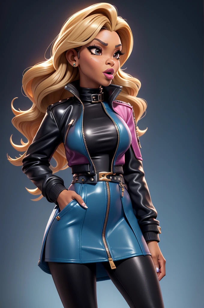 obra prima, melhor qualidade, ((only one woman,)) ((sunny hostin, dark skin, very kinky hair, dark blonde hair,)) head back, (frown, sassy wicked sultry sneer, open mouth, pucker mouth,) sunglasses, thick smoky black eye shadow, long fake eyelashes, sticking tongue out, ((magenta leather jacket with puff shoulder,)) biker jacket has stiff collar, leather blouse, ((gold silver leather sweater dress, metallic leather sun dress, leather culottes,)) periwinkle blazer length leather coat, ((cerulean blue pvc skirt, pockets, zipper side,)) studs zippers snaps, shiny leather gloves, nip slip, body is skinny, shiny tight buttocks, arched back, camera view of whole body, looking up at me, shallow depth of field, highres, HD, 8k, anatomically correct