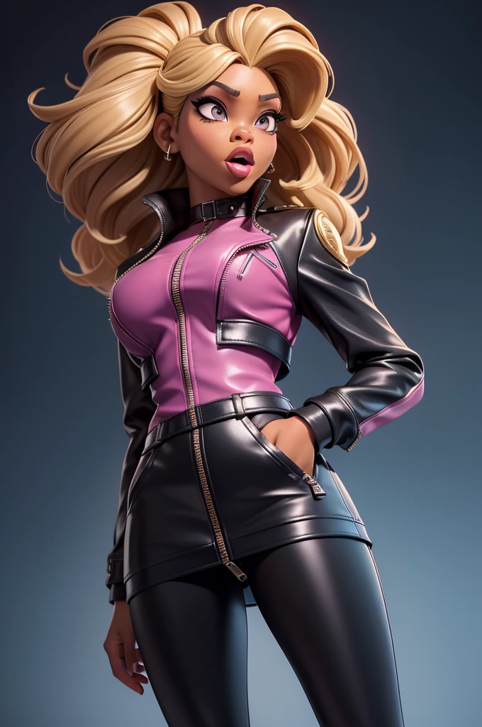 obra prima, melhor qualidade, ((only one woman,)) ((sunny hostin, dark skin, very kinky hair, dark blonde hair,)) head back, (frown, sassy wicked sultry sneer, open mouth, pucker mouth,) sunglasses, thick smoky black eye shadow, long fake eyelashes, sticking tongue out, ((magenta leather jacket with puff shoulder,)) biker jacket has stiff collar, leather blouse, ((gold silver leather sweater dress, metallic leather sun dress, leather culottes,)) periwinkle blazer length leather coat, ((cerulean blue pvc skirt, pockets, zipper side,)) studs zippers snaps, shiny leather gloves, nip slip, body is skinny, shiny tight buttocks, arched back, camera view of whole body, looking up at me, shallow depth of field, highres, HD, 8k, anatomically correct