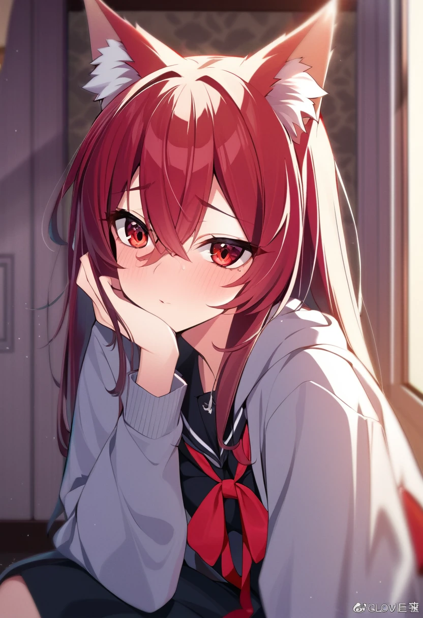 one girl, wolf ears, shy, naive, cute, girl is falling in loye with me, stare at me, beautiful red eyes, energetic girl, boyish