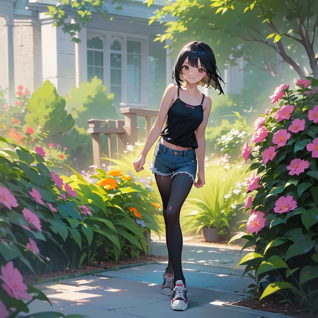(high quality, High resolution, Very detailed, reality:1.37), Peaceful atmosphere, (Outdoor, garden), age girl standing alone, (my breasts are big.), Beautiful details, Cute Smile, (Black bob hair), camisole, Denim shorts, Black tights, sneakers.