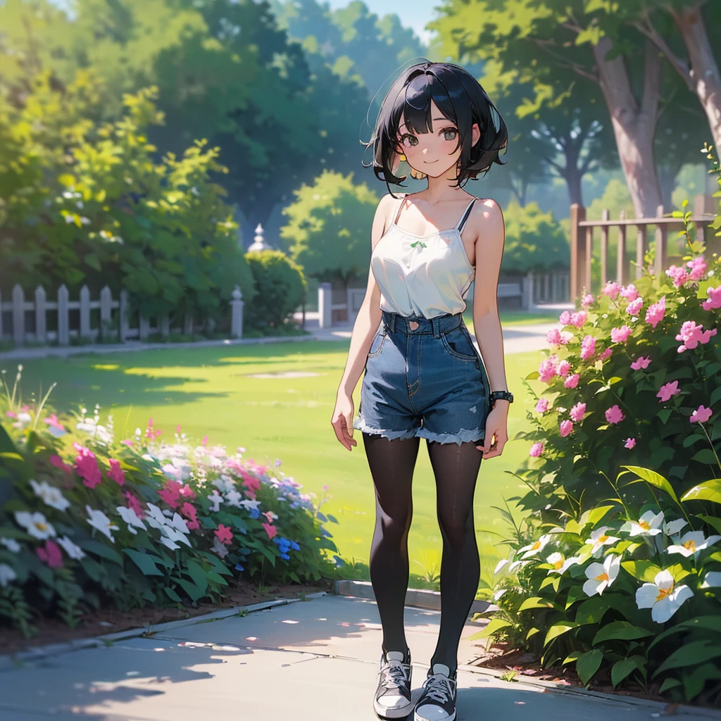 (high quality, High resolution, Very detailed, reality:1.37), Peaceful atmosphere, (Outdoor, garden), age girl standing alone, (my breasts are big.), Beautiful details, Cute Smile, (Black bob hair), camisole, Denim shorts, Black tights, sneakers.